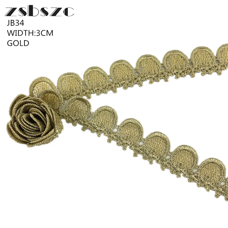 3CM Width 5Yards Gold Lace Wave Trim Fabric Embroidered Crocheted DIY Craft Sewing Supplies