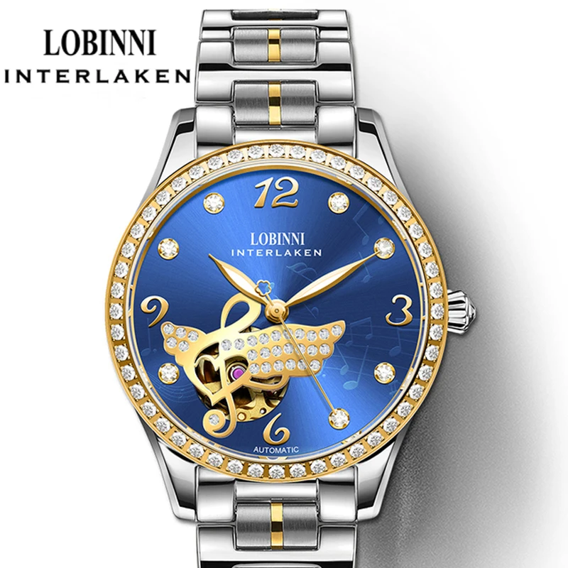 LOBINNI MIYOTA Movimento Orologi meccanici automatici Diamanti-Impostazione Ali Musica Scheletro Orologi da donna in acciaio inossidabile