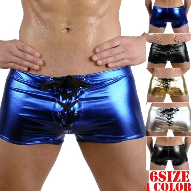 Men Erotic Sex PU Leather Strappy Boxer Lingerie Wet Shorts Erotic PVC Latex Club Patent Underwear Male Boxers