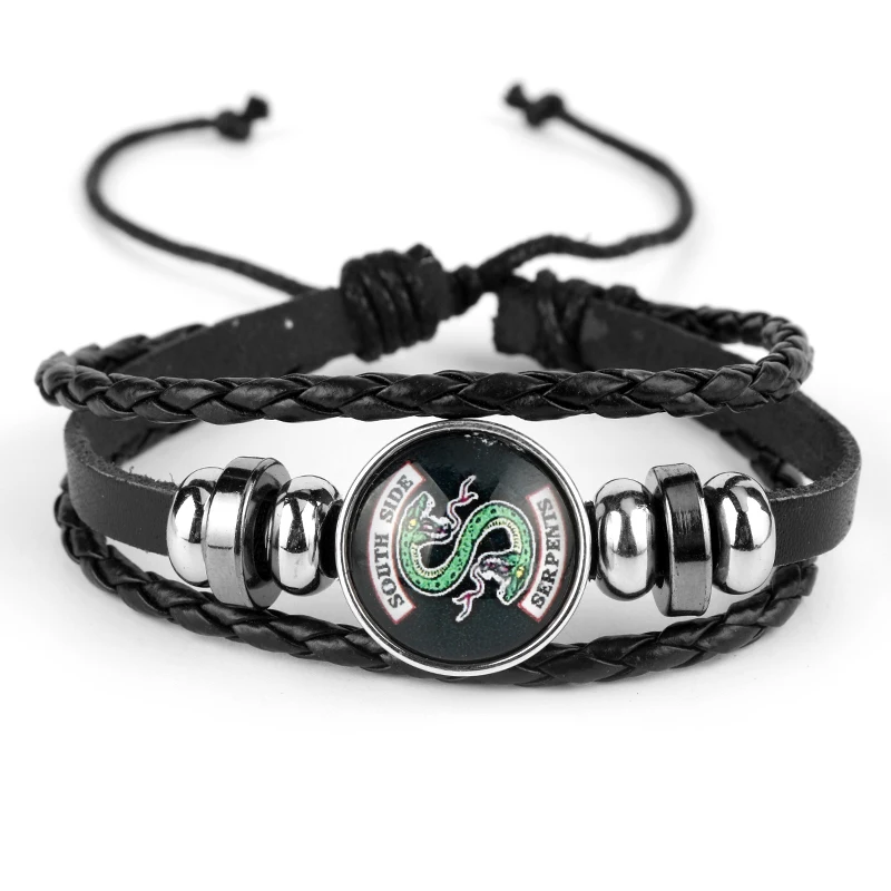 TV Jewelry Riverdale South Side Serpents Hat Black Multi Layer Leather Bracelet Glass Dome Button Snaps Bracelet Adjustable
