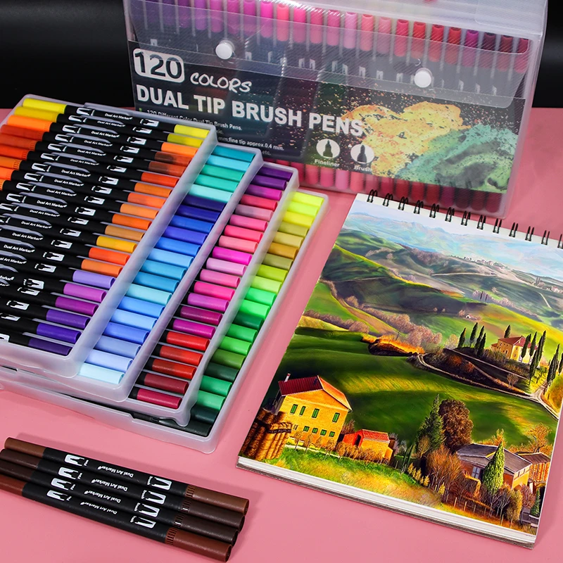 120 Colors Dual Tip Brush Marker Pens Art Watercolor Fineliner Drawing Painting Stationery Effect Best for Coloring Manga Comic