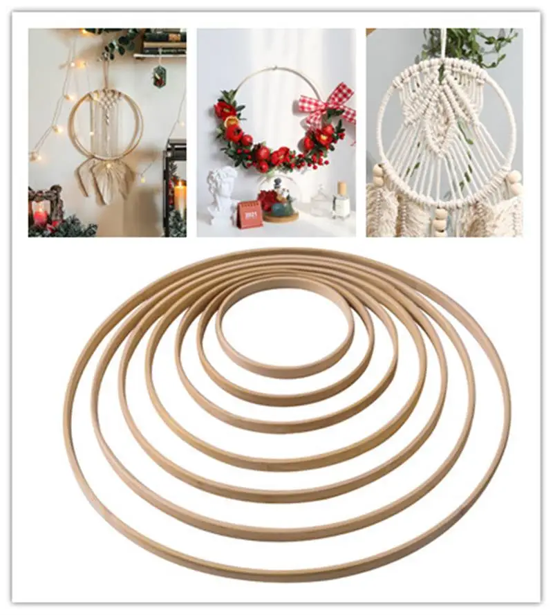 1/5pcs Home Decor Bamboo Ring Wooden Circle Round Catcher DIY Hoop For Flower Wreath House Garden Plant Decor Hanging Basket