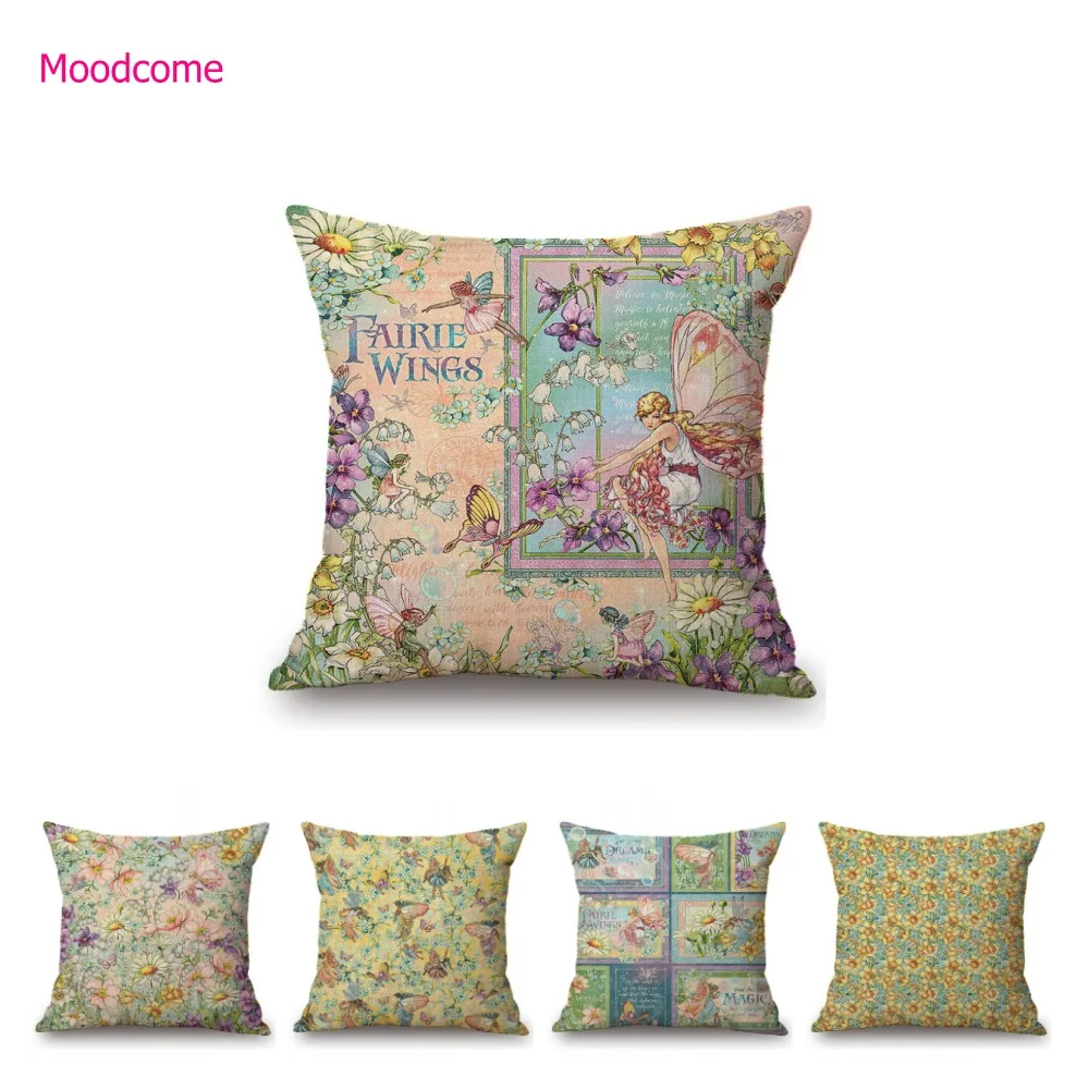 

Green Flower Fairies Lovely Cute Cartoon Childhood Floral Pattern Kids Room Decoration Pillow Case Cotton Linen Sofa Pillow Case