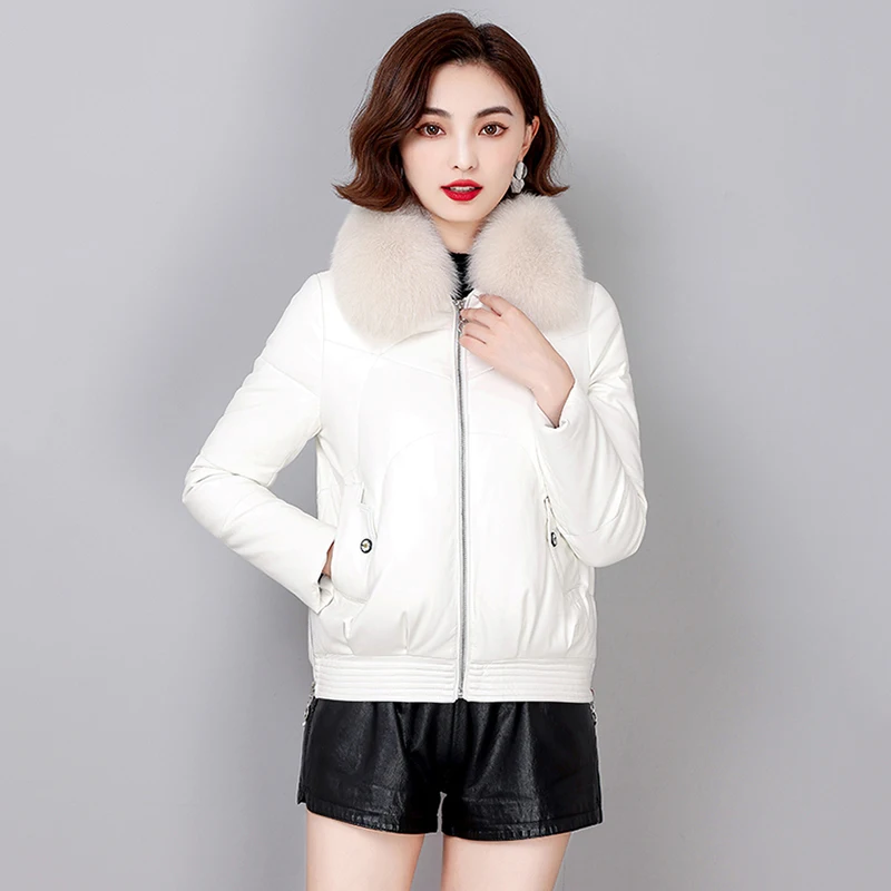 New Women Leather Down Jacket Winter Fashion Warm Real Fox Fur Collar Slim Short Sheepskin Outerwear White Duck Down Coat Female