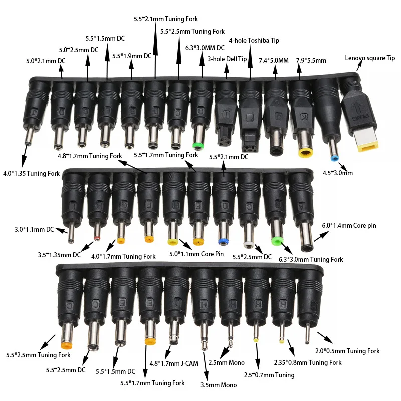 8PCS 34PCS Male To Female DC Power Adapter 5.5X2.1mm Jack Plug Laptop Connector 6.3 6.0 5.5 4.8 4.0 3.5mm 2.5 2.1 1.7 1.35mm