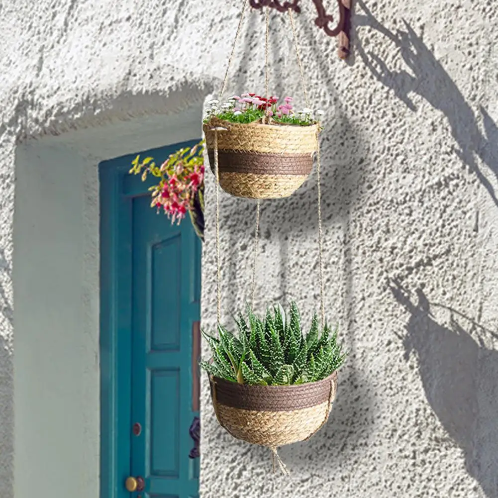 Natural Hand-woven 2 Tier Hanging Planter Basket Handmade Plant Hanger Decorative Hanging Planter Pot Holder For Home Decoration