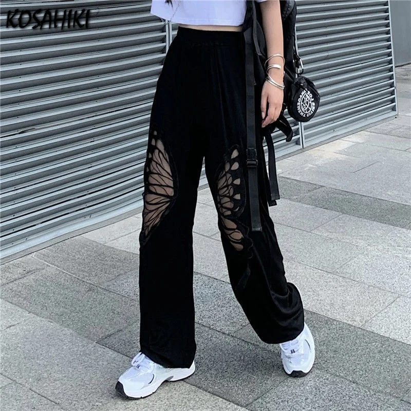 KOSAHIKI Casual Pants Women Harajuku Butterfly Hollow Out Trousers Solid 2024 High Waist Baggy Teens Chic Pant Mujer All-match