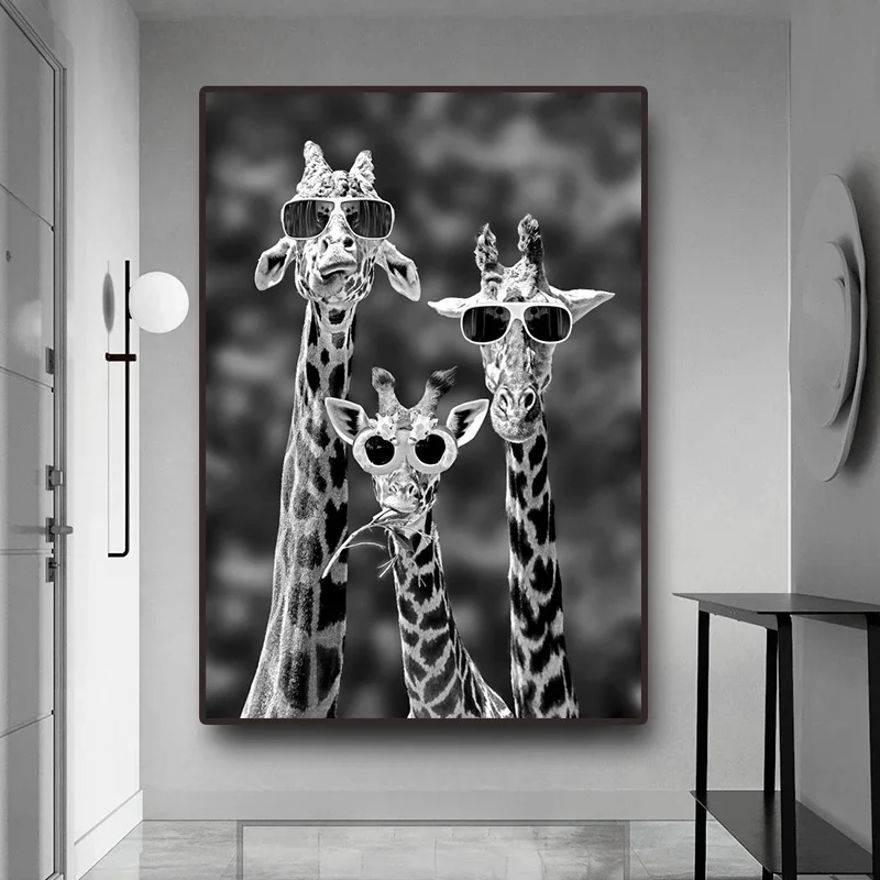 

Black White Animals Decoration Picture Giraffe Family with Sunglasses Canvas Painting Funny Giraffe Posters for Home Decor