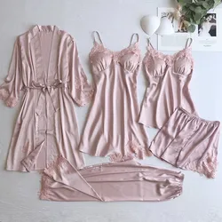 Sexy Women Lace Home Wear Sleep Set Casual Satin Gray Sleepwear Home Clothing  Silky Solid Suit Nightgown Sleepwear