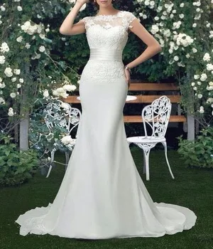 Vestido ノビアマーメイドスクープウェディングドレス X04 コートトレイン半袖カスタマイズされた格安花嫁ドレスロングシフォンブライダルドレス