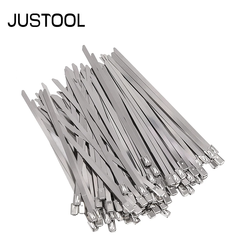 

JUSTOOL 100pcs/set 150/200/300/400mm 304 Stainless Steel Exhaust Wrap Coated Locking Metal Cable Zip Ties Induction Pipe Header