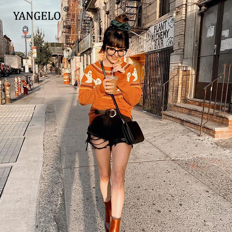 Yangelo Gothic Ghost Pattern Sweater Women Knit Top Loose Long Sleeves Warm Autumn Winter Streetwear Fashion Girl Pullover2023