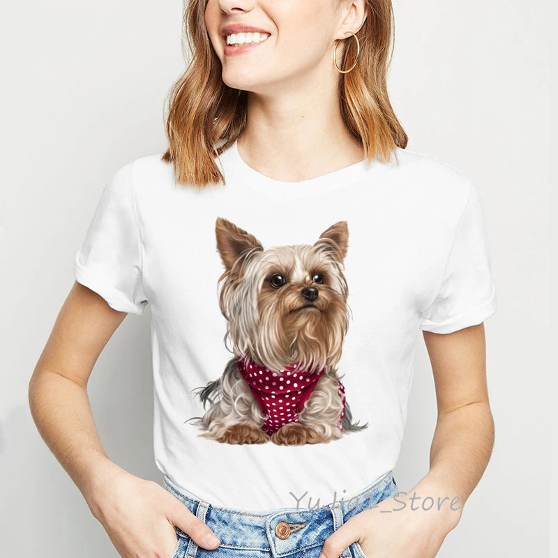 

Cute Christmas Puppy Yorkies Print Shirt Women Harajuku Kawaii Clothes White Basic Tshirt 90s Custom T Shirt Camiseta Mujer Top