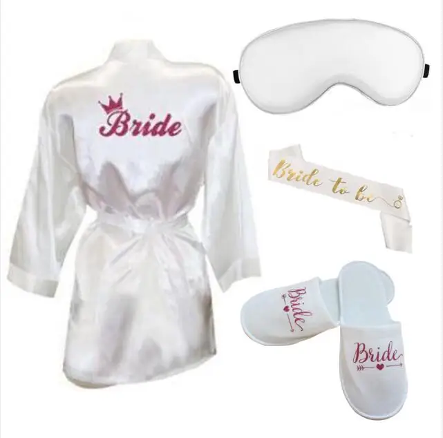 4pc set of bride robe eyemask slippers sash bridesmaid kimono wedding bridal party Bachelorette bathrobe getting ready robes