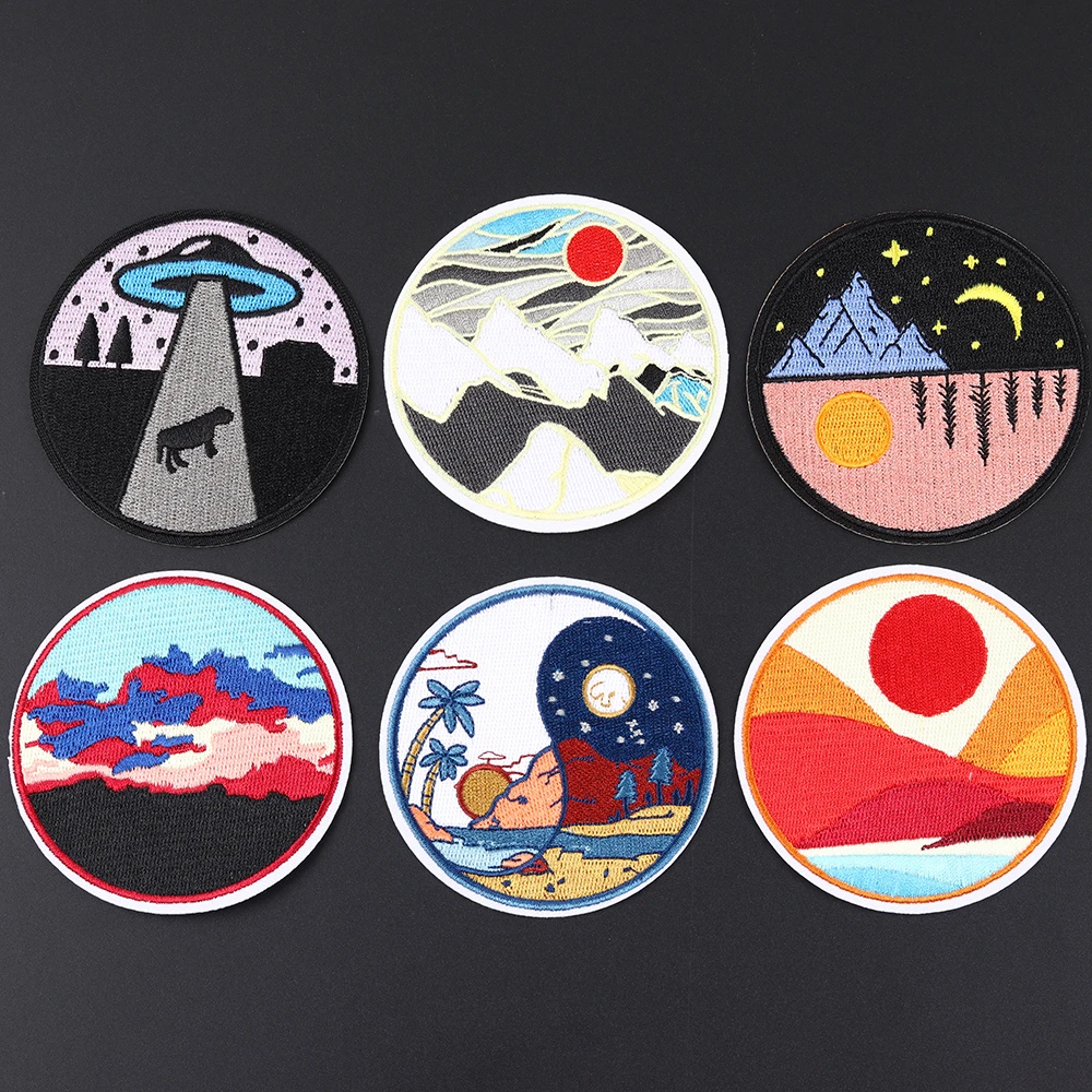 Landscape circular embroidery badge patches cloth Alien UFO evening glow Day and night DIY sticker decorative accessories