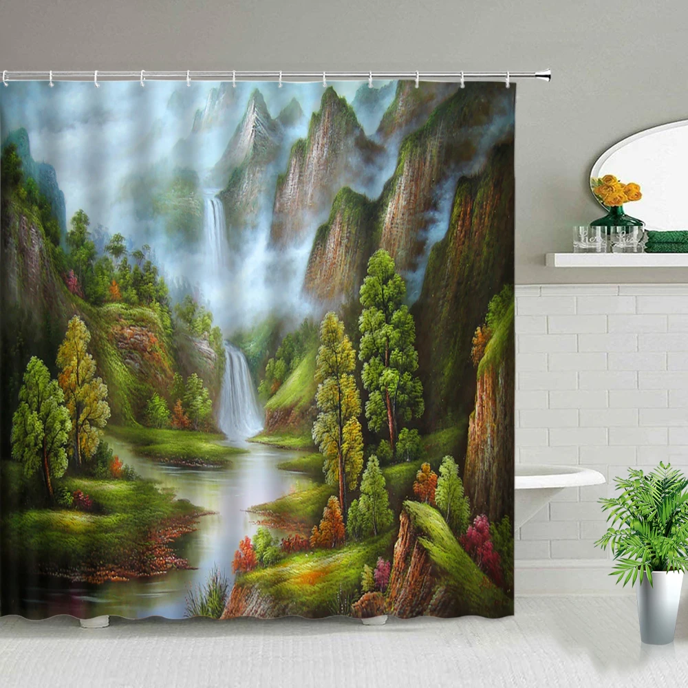 Oil Painting Scenery Shower Curtains Flowers Plant Swan Spring Landscape Bath Curtain Waterproof Bathroom Decor Polyester Cloth