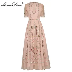 MoaaYina Fashion Designer dress Summer Women's Dress Short Sleeve Mesh Flowers Embroidery Vintage Elegant Dresses