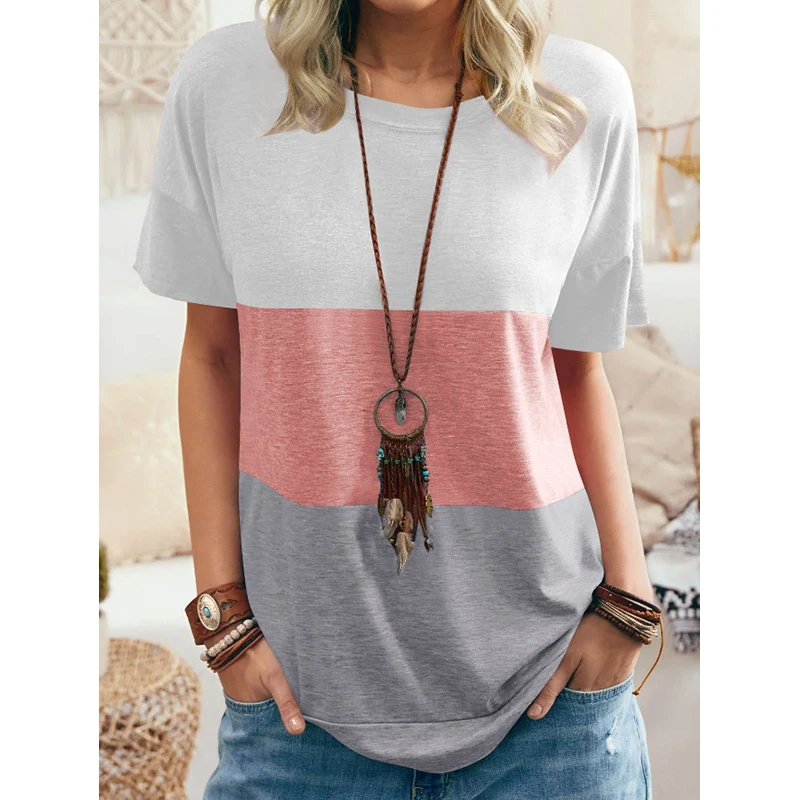 

Summer Ladies Tops 2021 Vintage Short Sleeve Top Tee Three Color Printed Blouse O Neck Loose Shirts Fashion Pullover for Women