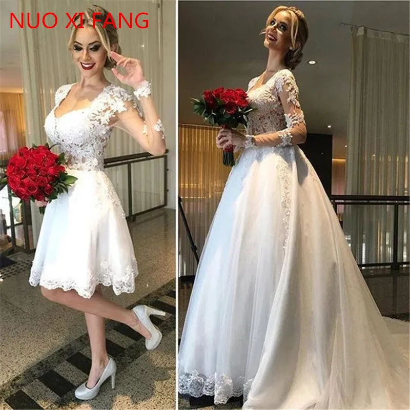 Vestido De Novia 2022 abito da sposa in pizzo a manica lunga 2 in 1 gonna staccabile abito da sposa indietro illusione abiti da sposa principessa