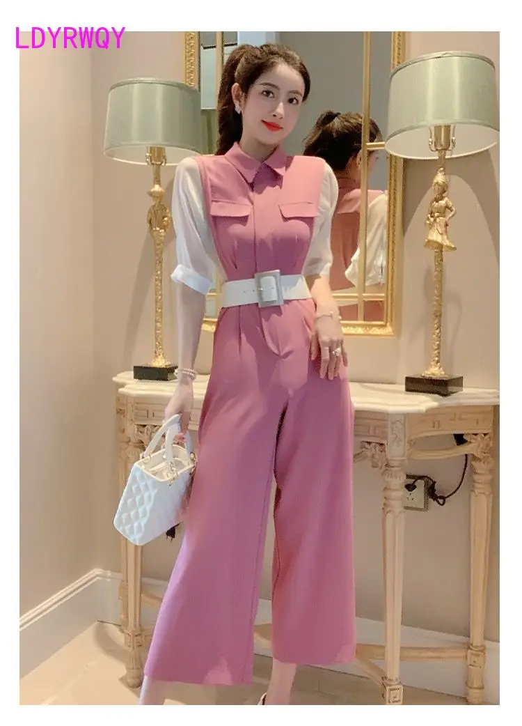 LDYRWQY Pink jumpsuit women\'s summer long small incense wind jumpsuit waist waist temperament goddess wide-leg pants