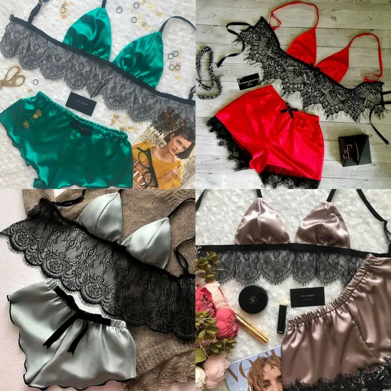 Lingerie sexy de cetim de seda para mulheres, pijamas crop tops, conjuntos bralette e calcinha, macio para meninas, cuecas, terno de renda