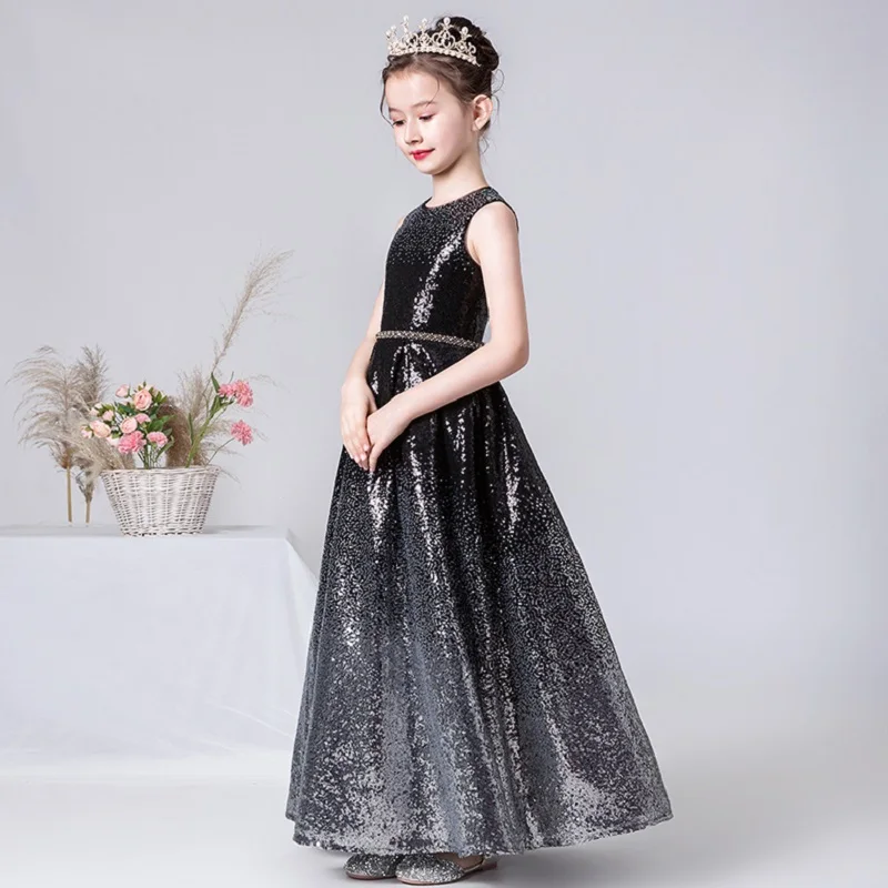 DIDEYTTAWL Customized Sparkly O-Neck Flower Girl Dresses Sequins Elegant Long Wedding Party Dress Formal Kids Birthday Gown