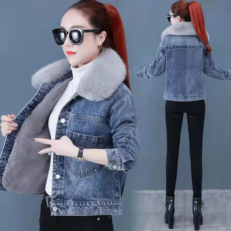 New Winter Denim Jacket Women Plus Velvet Thickened Fur Collar Denim Clothes Loose Women's Cotton-padded Clothes