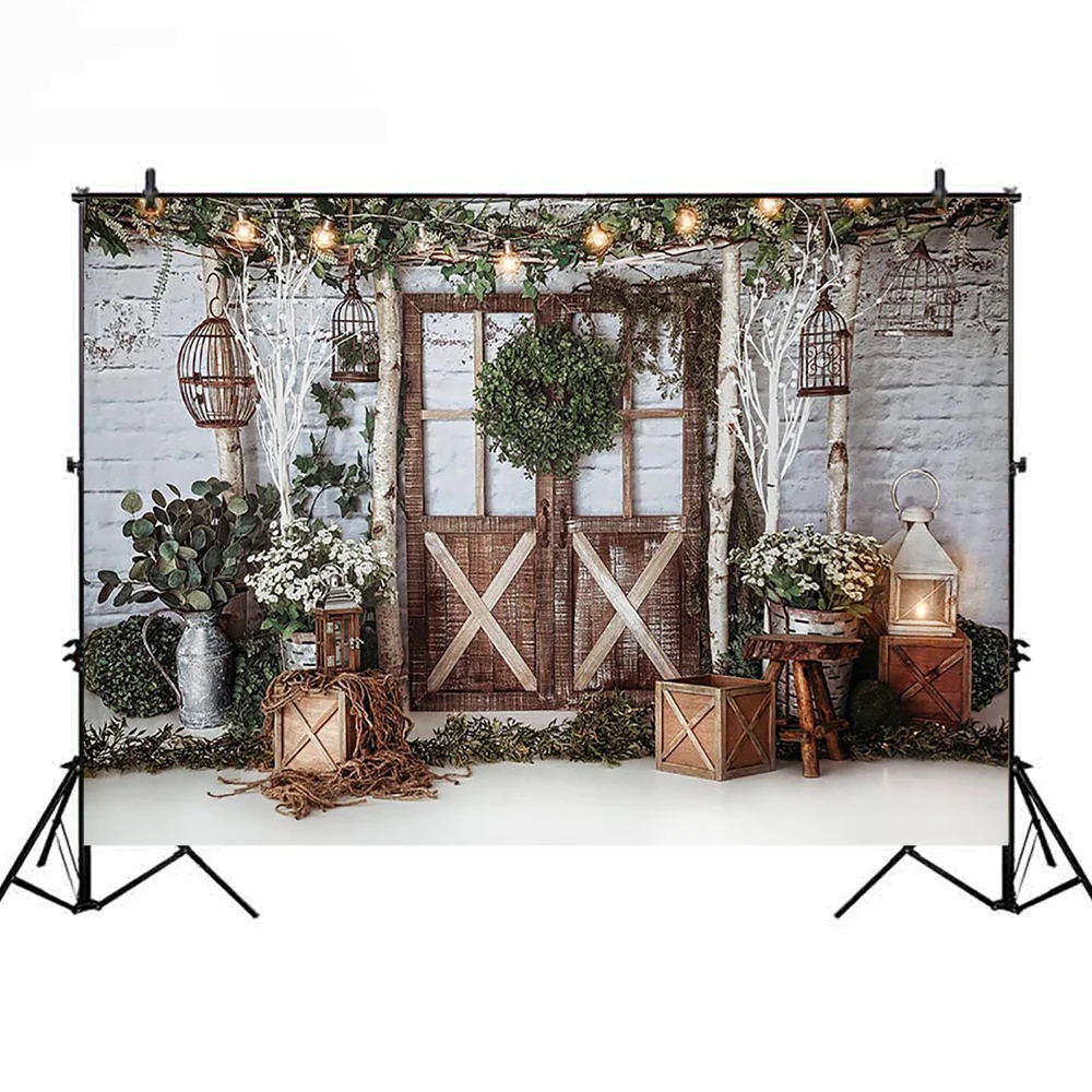 Fotografia Backdrop Recém-nascido Bebê Branco Tijolo Parede Natal Portas De Madeira Grama videira Brinquedos Natal Tema Crianças Foto Estúdio