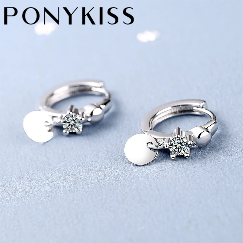 PONYKISS Trendy 925 Sterling Silver Round Shiny Flake Zircon Hoop Earrings Buckle for Women HipHop Fine Jewelry Drop Shipping