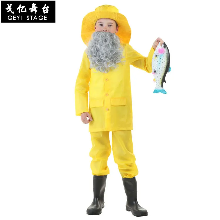 Cos pescador traje dia das crianças dia das bruxas desempenho roupas adulto crianças roupas de pesca amarelo brilhante capa de chuva paren