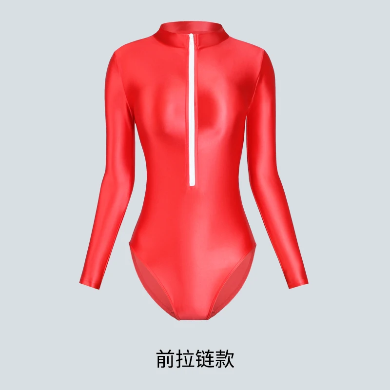 XCKNY satin glossy swimsuit sexy tight Zipper Bodysuit high fork long sleeve glossy swimsuit solid color silk Swimwear