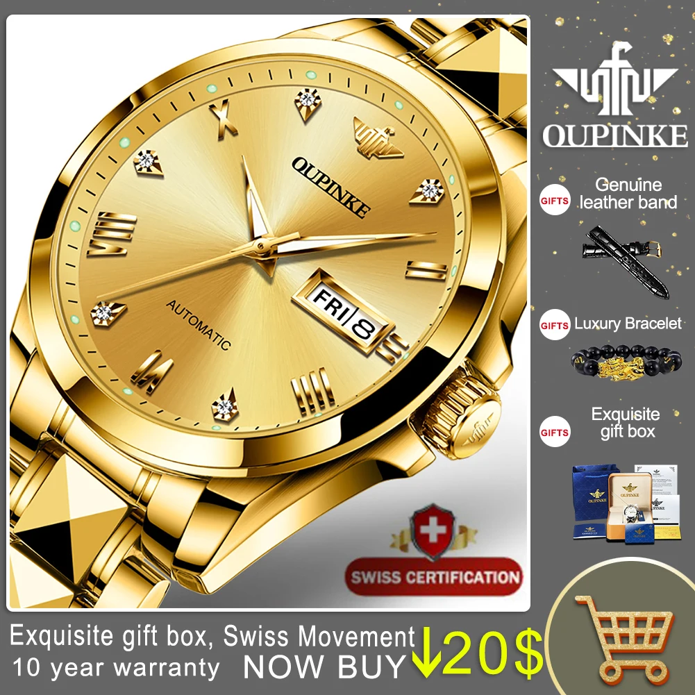 

OUPINKE 2021 Luxury Men Mechanical Wristwatch Stainless Steel Gold Watch Top Brand Sapphire Glass Swiss Men Watches Gifts 3171