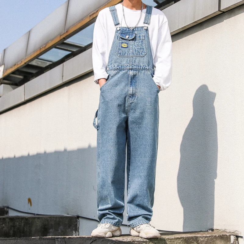 2021 Spring Denim Rompers Overalls Men Bib Jumpsuit Single Cargo Fashion Casual Pants Big Pocket Light Blue Trousers