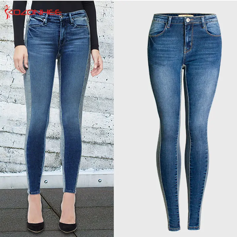 Dubbele Kleur Splice Stretch Jeans Vrouwen Mid Wais Elasticiteit Strakke Skinny Potlood Vrouwen Jeans #23