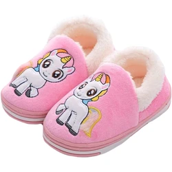 Cute Cartoon Unicorn Children Plush Slippers Soft Sole Non-slip Winter Warm Baby Boys Girls Indoor Home Heel Wrap Cotton Shoes