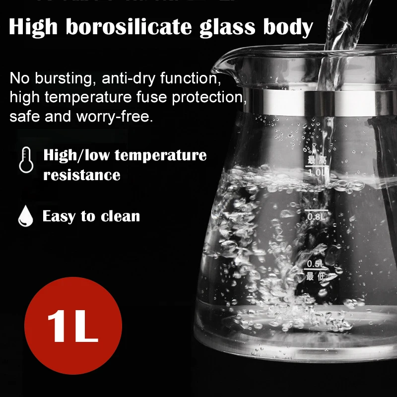 Théière électrique à vapeur entièrement automatique, théière en verre de thé foncé, conservation de la chaleur, bouilloire électrique 1l