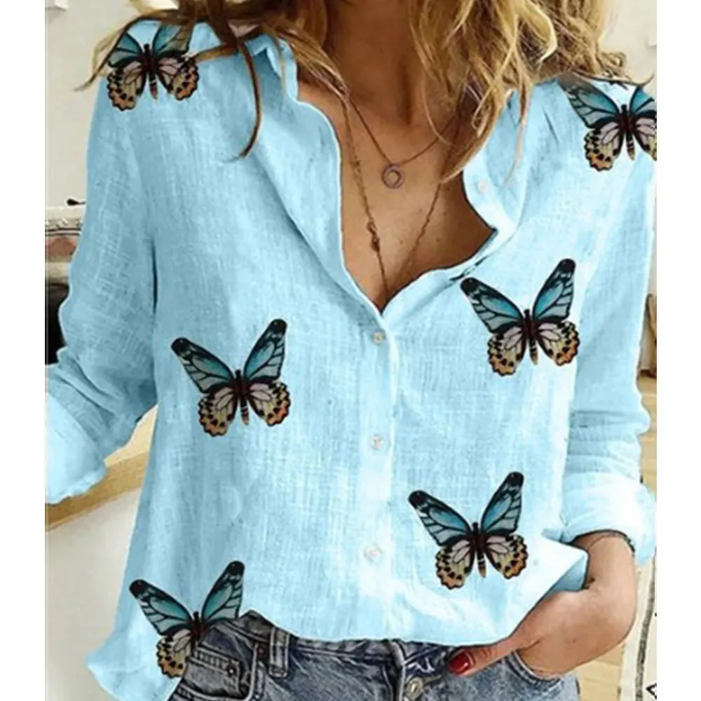 Gentillove Autumn Long Sleeve Casual Loose Shirt Women Elegant Butterfly Floral Print Tops and Blouses 2020 Vintage Cotton Tunic