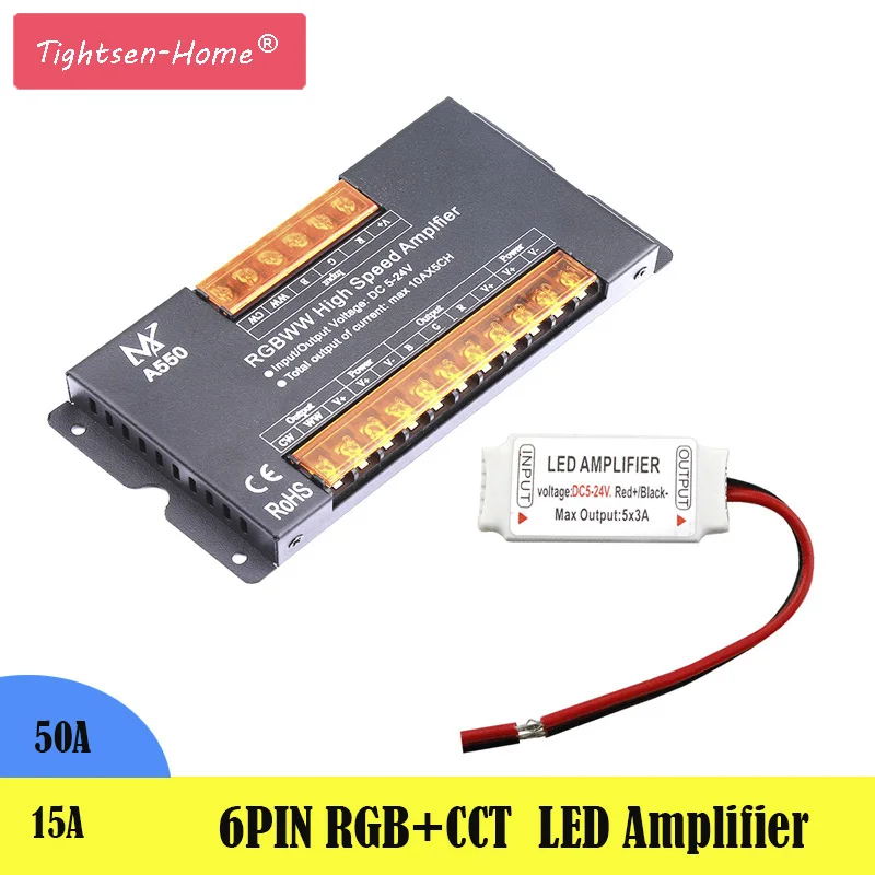 

DC5-24V RGB+CCT Led Strip Amplifier Controller 6pin 50A 15A for 5CH 5050 RGBW RGBWW LED Lights Strip Light Signal Repeater