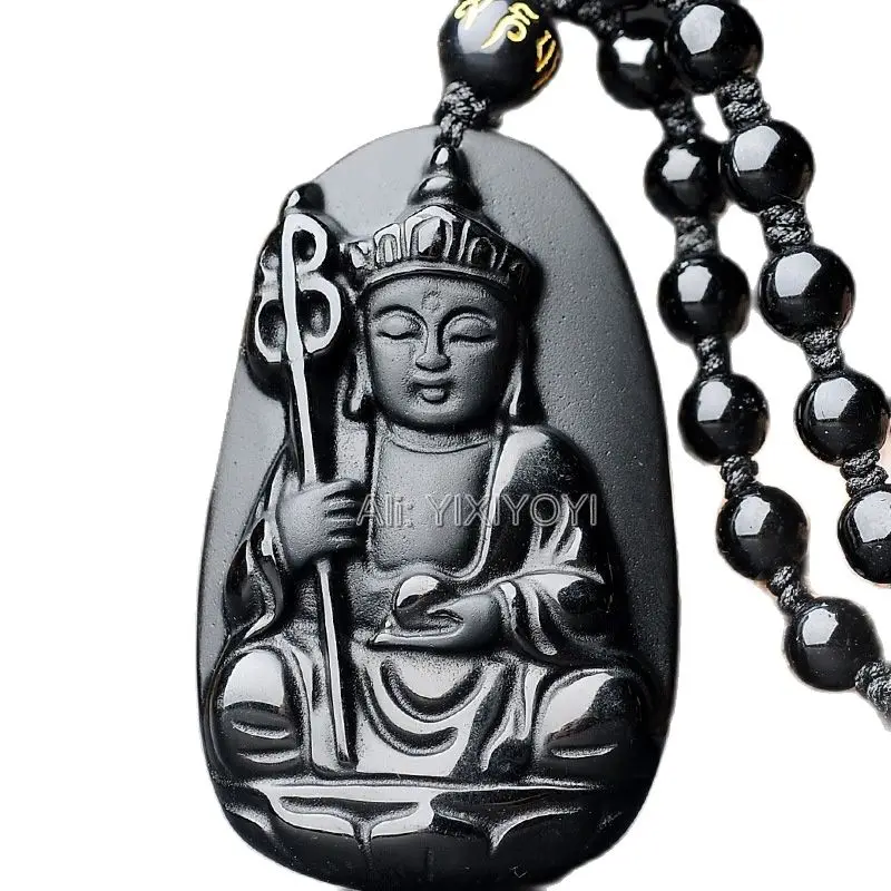 Charming Natural Black Obsidian Hand Carved Pendant Chinese Buddhism Amulet Buddha Lucky Necklace Fashion Crystal Gift Jewelry