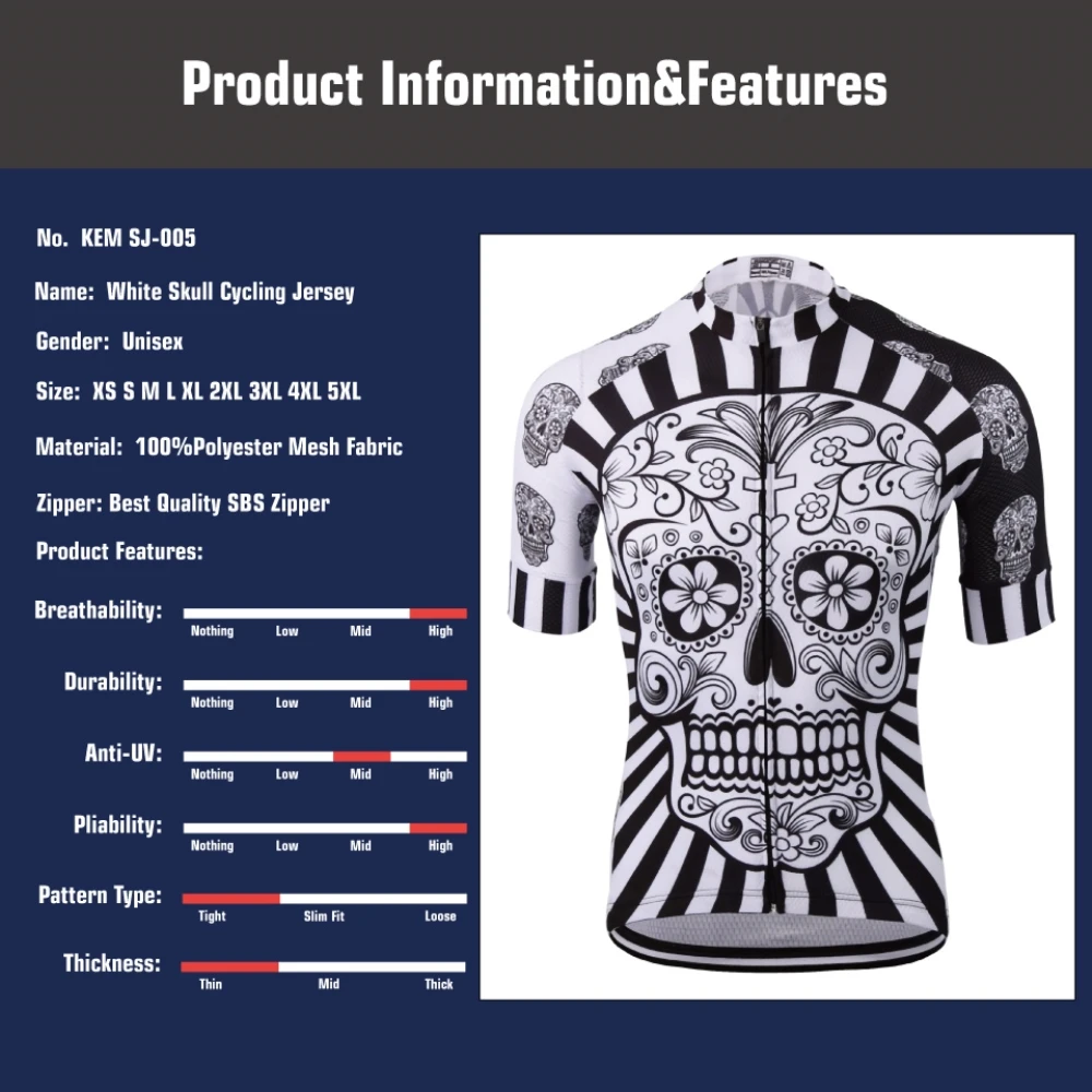 KEMALOCE Cycling Jersey Men Polyester White Skull Pro Bike Wear Summer Quick Dry Cycling Top Sublimation Printing Bicycle Shirt