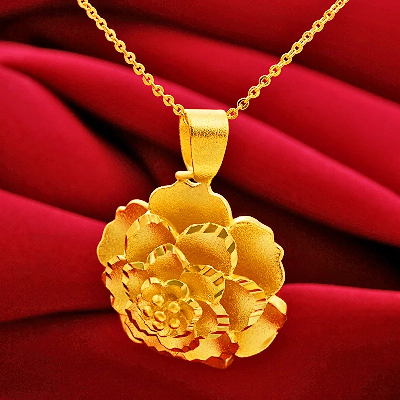 Women's Ancient French Single Pendant Multilayer Large Flower 24k Gold Plated Traveling Memorial Necklace