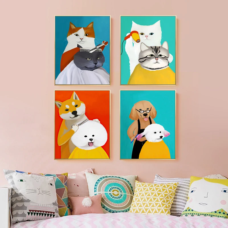 

Cartoon Animal Hairdresser Wall Picture Painting, Cat and Dog Anime Canvas Poster for Pet Shop, Living Room Decor