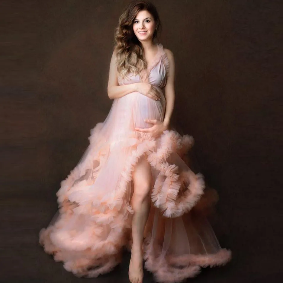 

Charming Peach Pink Sleeveless Long Robe For Pregnant Women Tiered Ruffles Tulle Maternity Dress A-line Bridal Gown