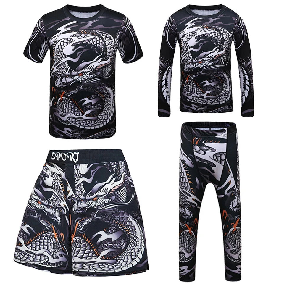 Bambini Bjj Rashguard jiu jitsu MMA t-shirt + Pant KickBoxing set Boy Gym bambini Muay Thai Shorts MMA abbigliamento collant a compressione