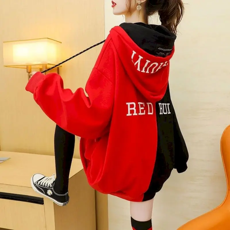 Hoodies Women Plus Velvet Thick Winter Hooded Jacket Korean Loose Oversized Medium-length Hoodie Color Matching Coat Womens Top