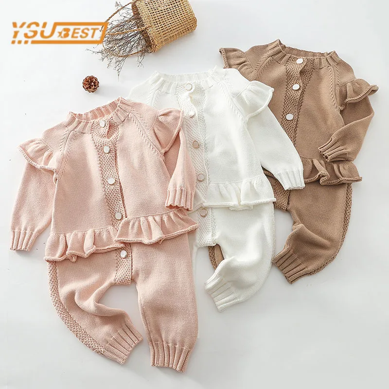 2021 Autumn New Baby Clothes Knitting Romper Lace Jumpsuit Girls Outfits Korean Newborn Overalls Baby Girls Clothes