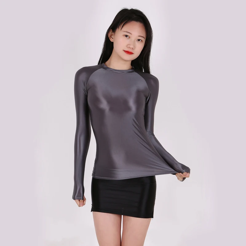 Sexy women tight Oily glossy shiny long sleeve surfer swimsuit sun protection quick drying slim long sleeve breathable Yoga top