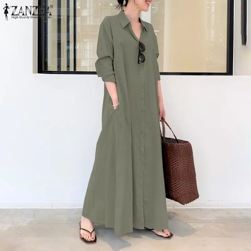 2023 ZANZEA Women Shirt Dress Autumn Lapel Neck Long Sleeve Maxi Sundress Elegant Office Work Solid Long Vestidos  