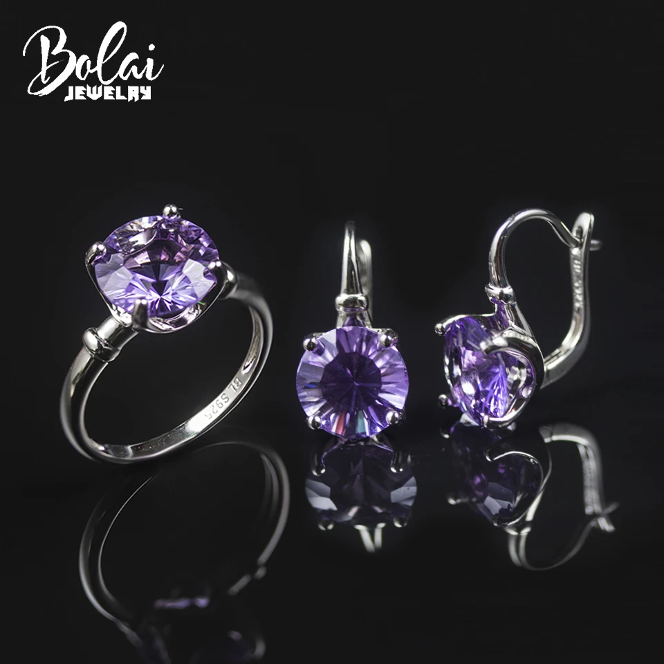 Real 925 Sterling Silver Natural Amethyst Jewelry Sets English Clasp Earrings Ring 10.0mm Gemstone for Woman Mom Chirstmas Gift