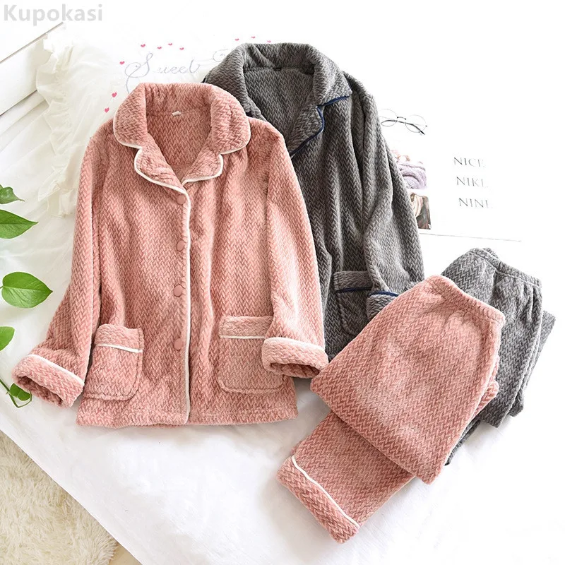 

Kupokasi Winter Thick Flannel Pajamas Set Couple 2 Pieces Female Lapel Sleepwear Woman Men Gray Pink Casual Cute For Male